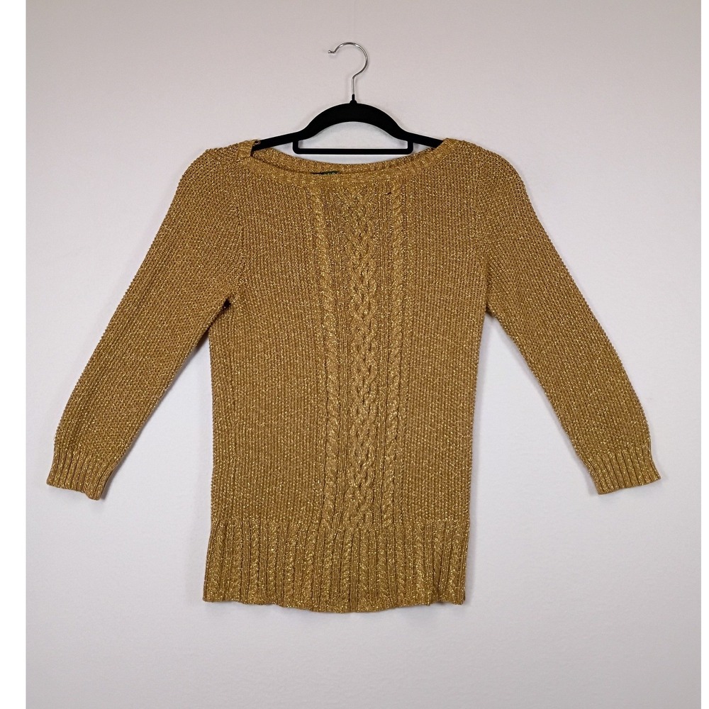 Gold Lauren Ralph Lauren Womens XS Cable Knit Boat Neck 3/4 Sleeve Sweater